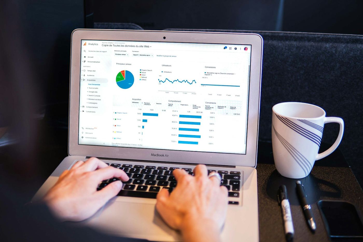 Iemand werkt op een laptop met een dashboard vol actuele cijfers